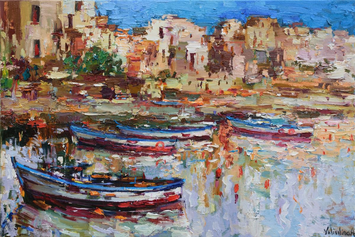 Art painted boat Italy holiday gift. Sea waves and panorama Italian landscape Oil painting boat and sea in Liguria