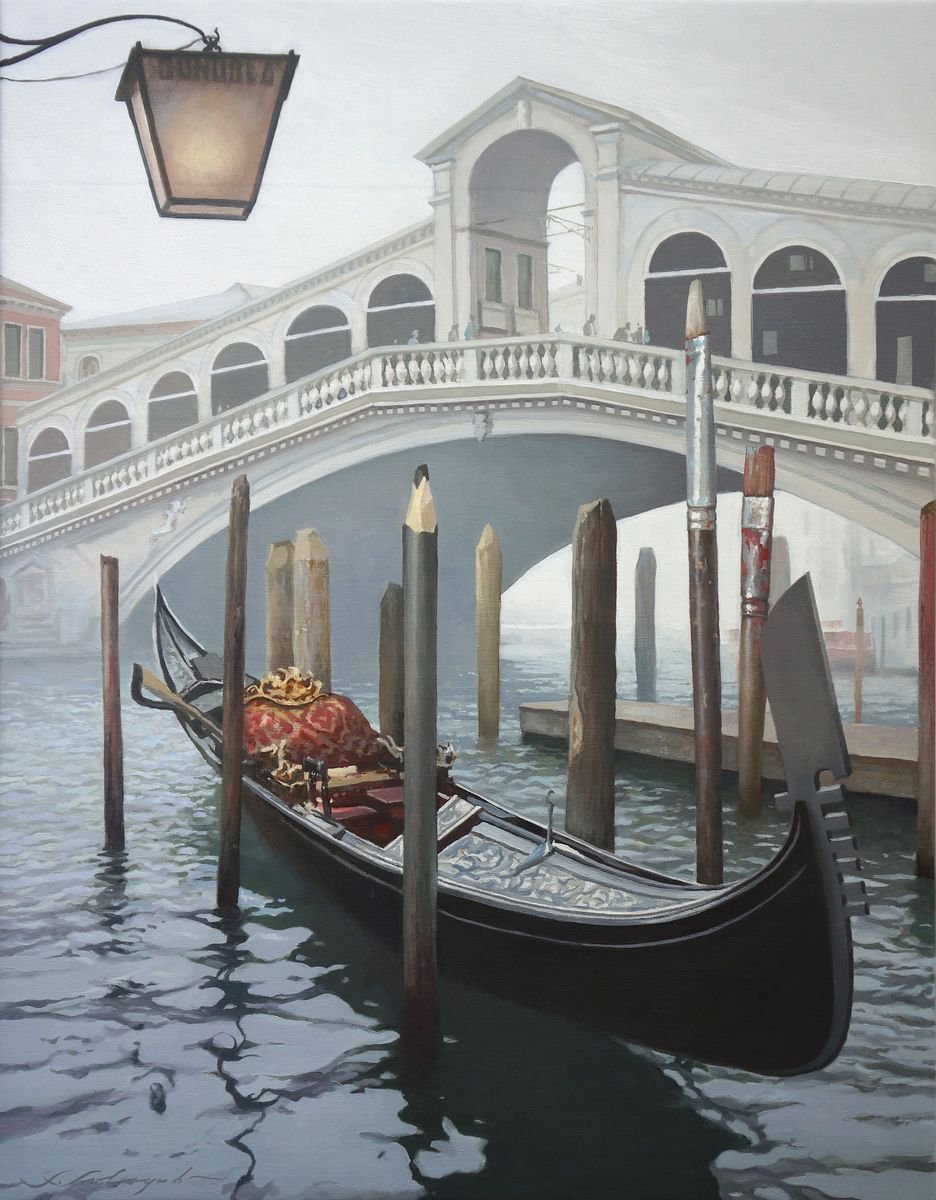 Photorealistic Cityscapes Oil Painting By Sergej Sologub, 28 X 35", Ponte Di Rialto, Original Artwork