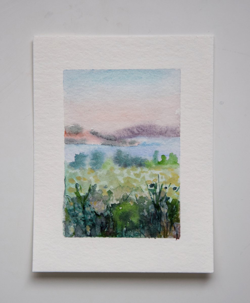 Landscape miniature watercolor painting, mountains field tiny original art by Kate Grishakova
