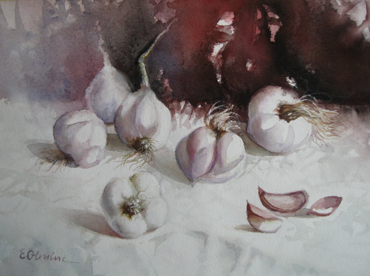 Impressionistic Still Life Watercolour By Elena Oleniuc, 15 X 11, Garlic, Original Artwork