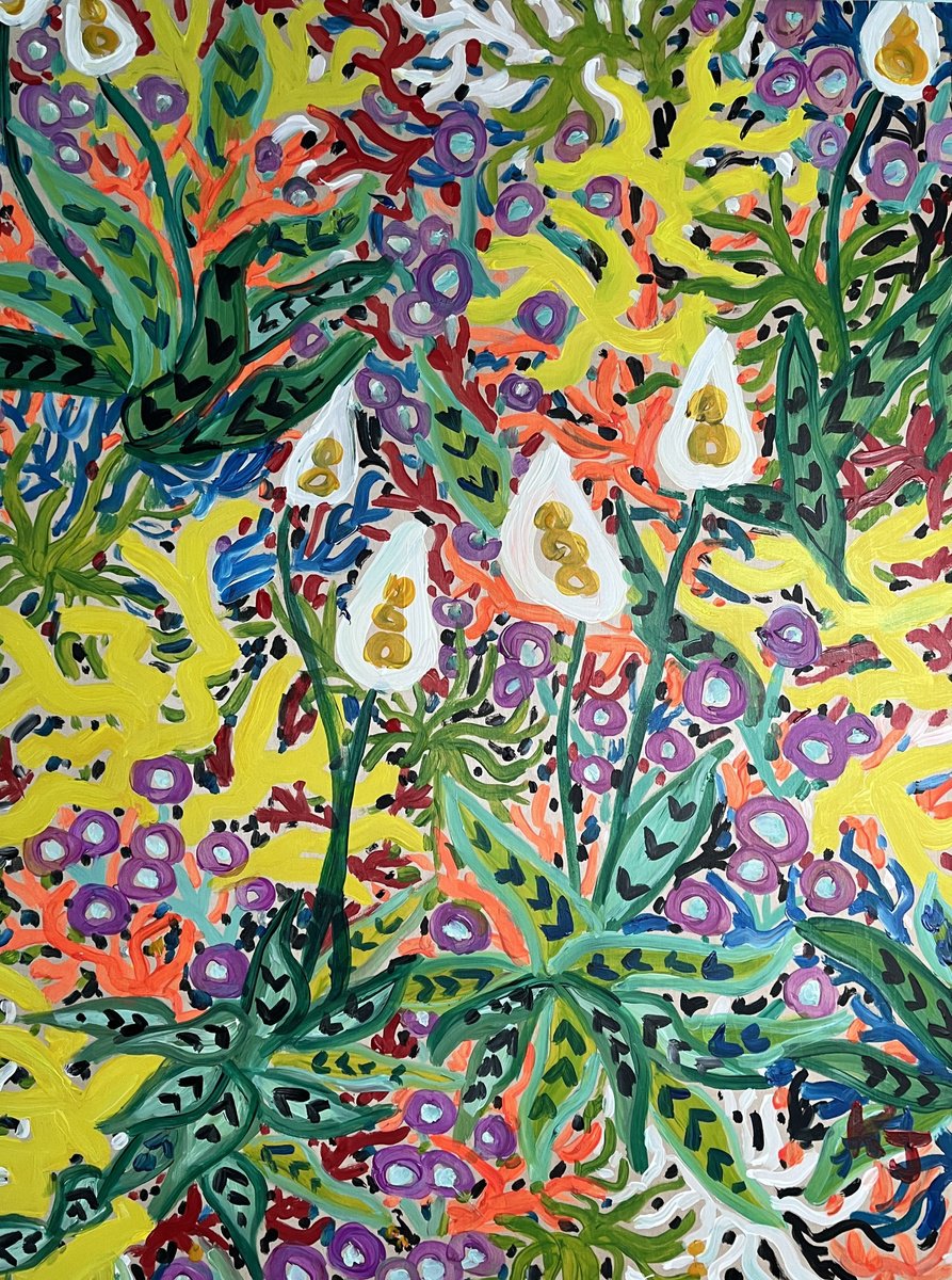 Expressive Botanical Acrylic Painting By Katie Jurkiewicz, 18 X 24", Egg Flowers Over Easy, Original Artwork