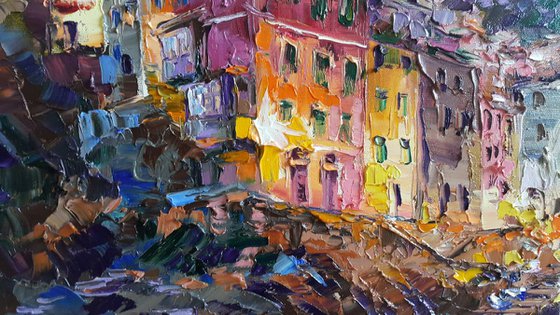 Painting original oil Evening in Riomaggiore,  Italian landscape, Cinque Terre