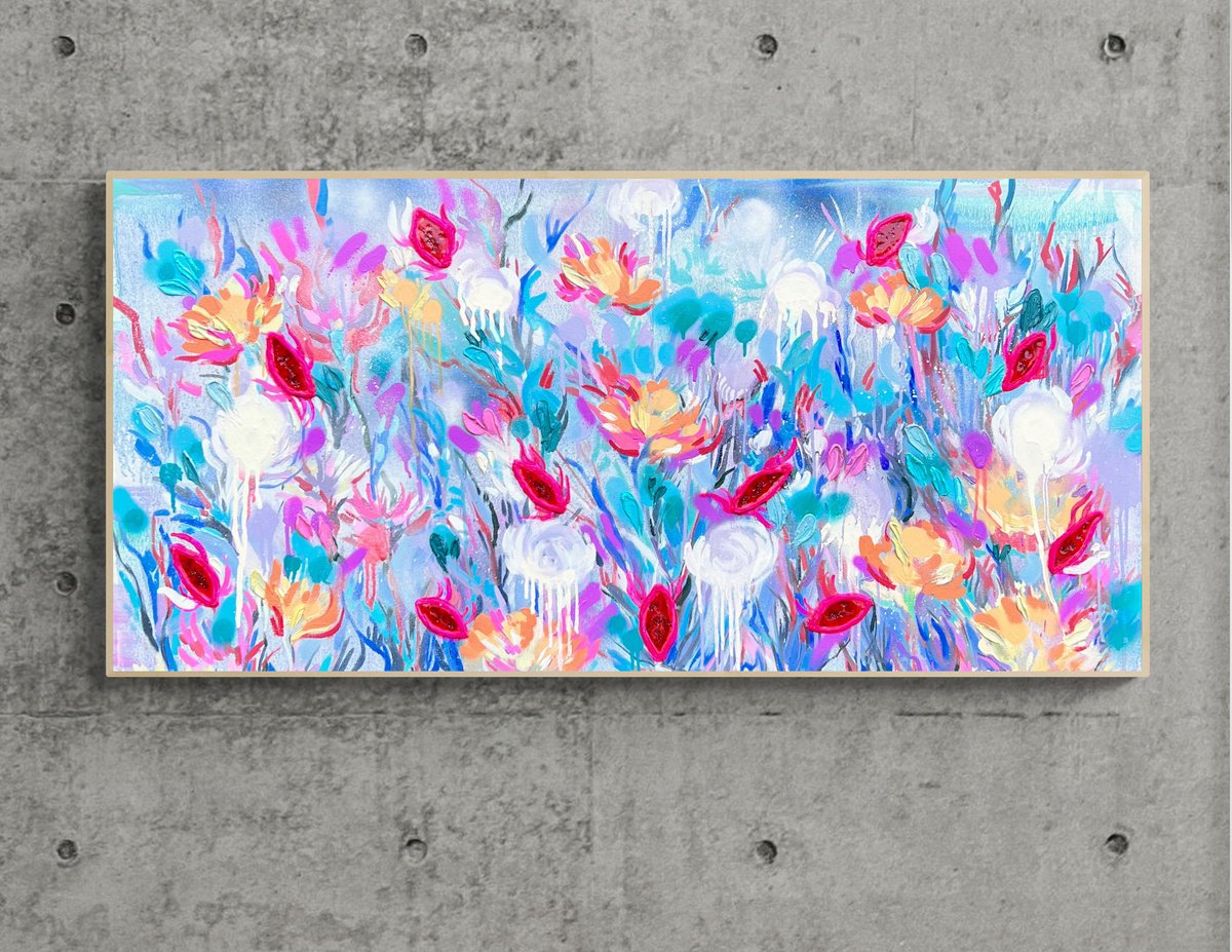 Impressionistic Botanical Oil Painting By Nataliia Karavan, 47 X 24", Floral Ecstacy, Original Artwork