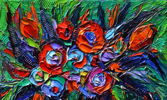 Abstract Bouquet On Vermilion Table - Modern impressionist Impasto Palette Knife Oil Painting on canvas