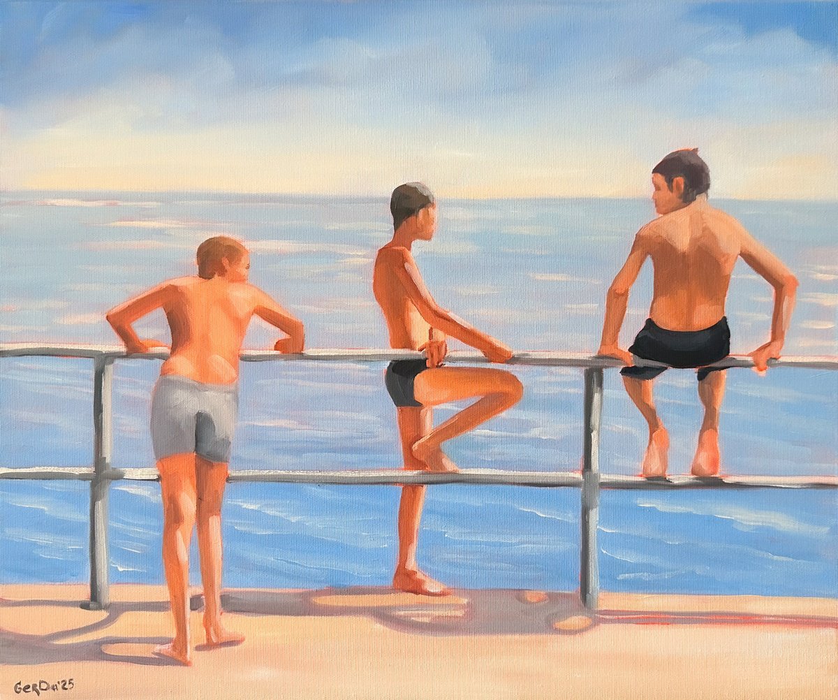 Impressionistic Landscape Oil Painting By Daria Gerasimova, 24 X 20, Swimmers, Original Artwork