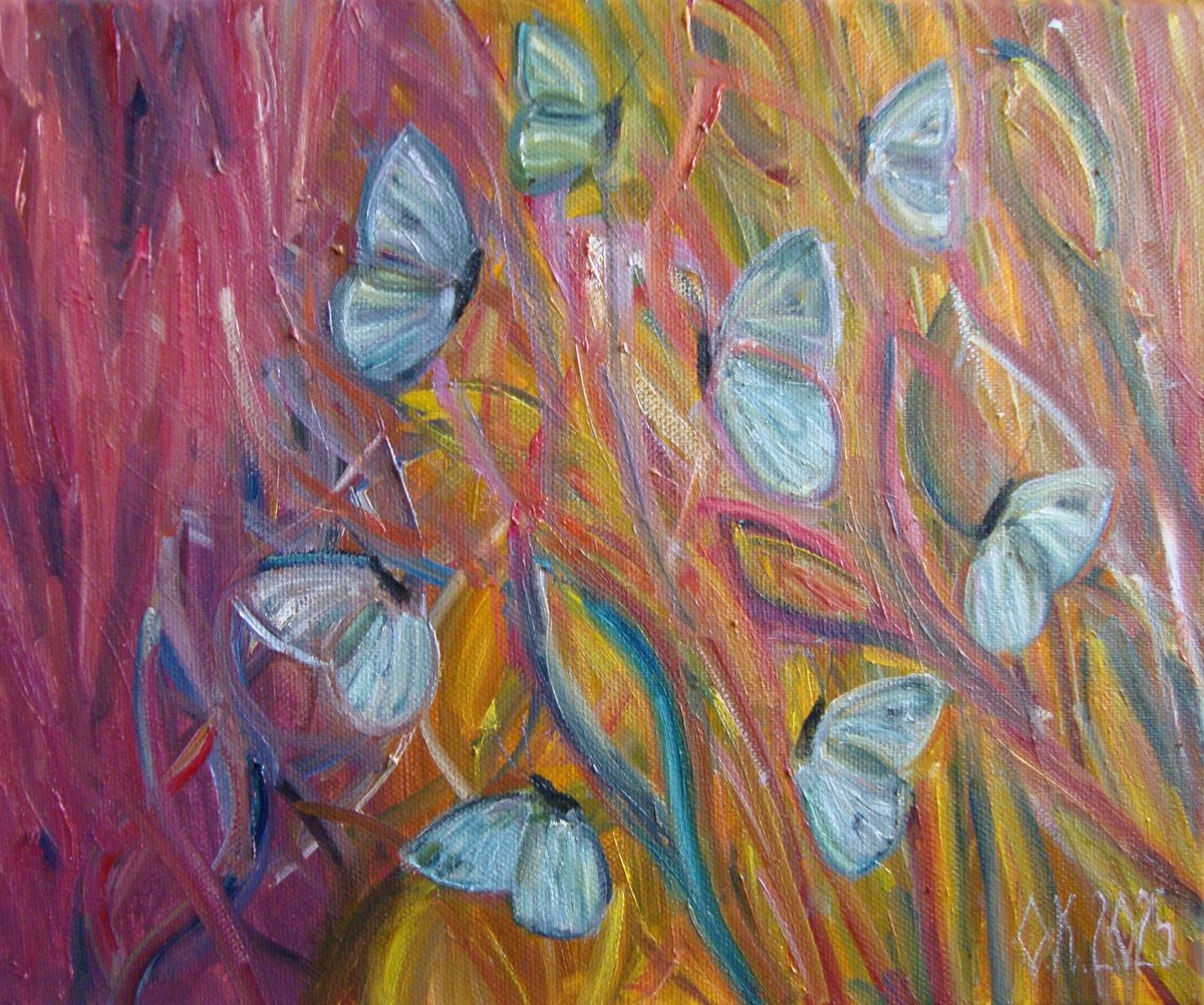 Abstract Animal Oil Painting By Olga Knezevic, 12 X 10", Dance Of The Butterflies, Original Artwork