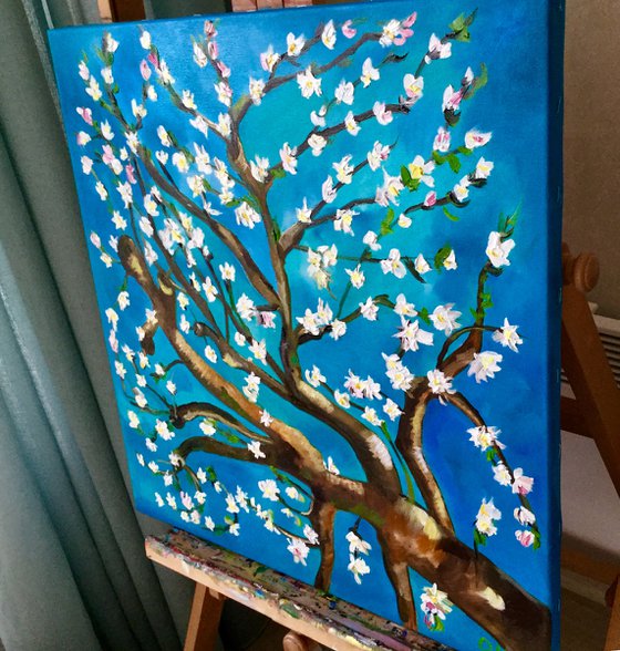 Almond blossom on turquoise inspired by Vincent Van Gogh oil painting ready to hang