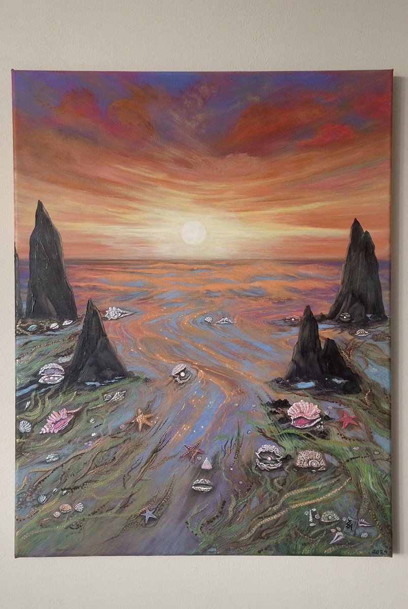 Surrealistic Landscape Acrylic Painting By Zoe Adams, 14 X 18", Sea Treasures. By Zoe Adams., Original Artwork