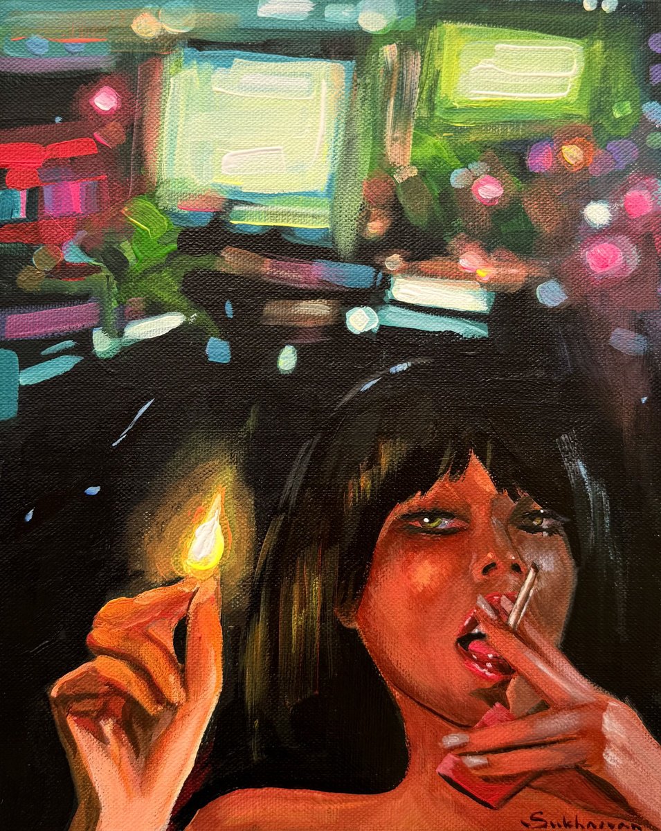 Impressionistic Portrait Acrylic Painting By Victoria Sukhasyan, 8 X 10", City Lights, Original Artwork