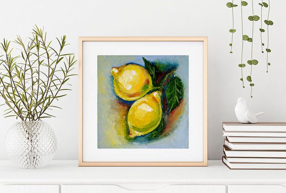 Lemon Painting Original Art Fruit Artwork Citrus Wall Art Small Square Kitchen Decor