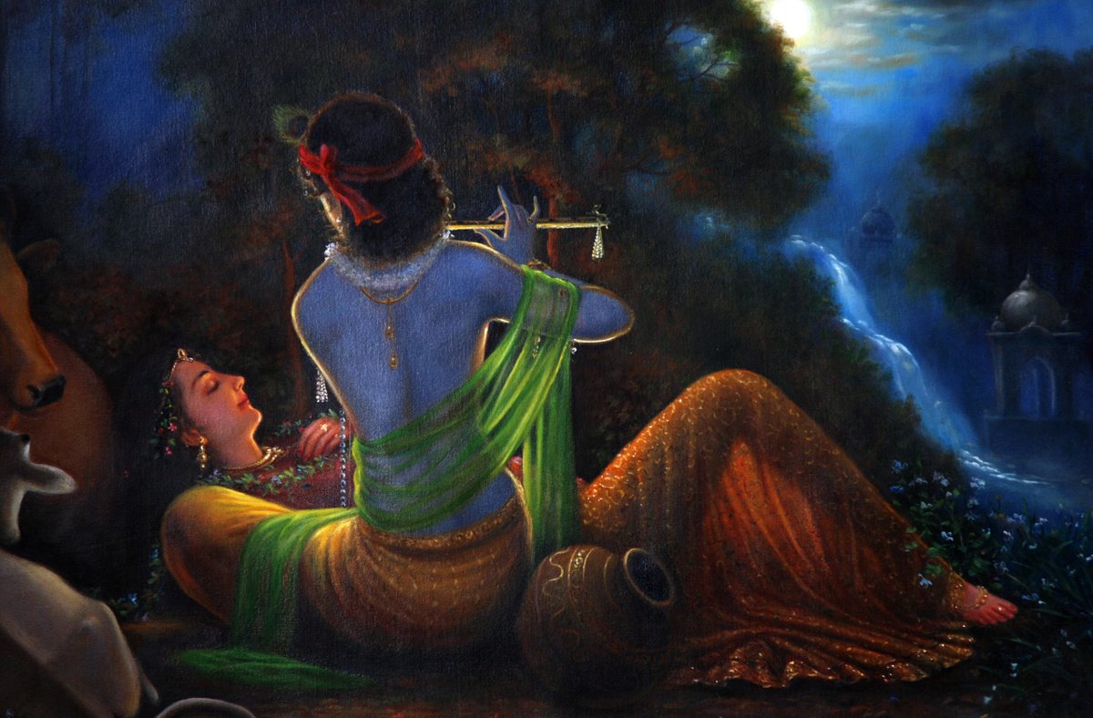 Moments of Musical Love and Divine Romance - Radha Krishna | Oil Painting By Hari Om Singh by Hariom Singh