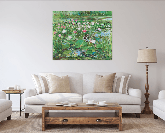 NOON ON THE LAKE, LOTUS - Water lilies, floral landscape,  waterscape, original oil painting, plein air