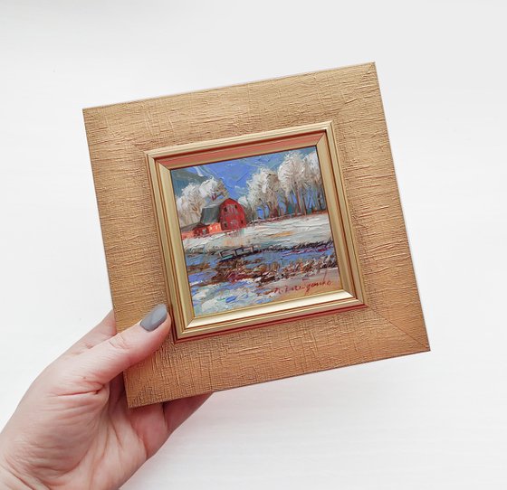 Snow barn oil painting original, Winter landscape painting small art framed, Miniature painting guest gift