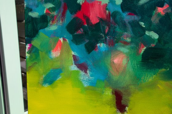 Abstract floral in summer - Oil painting in yellow, green and red - flowers bouquet - garden Modern abstraction nature evocation interpretation