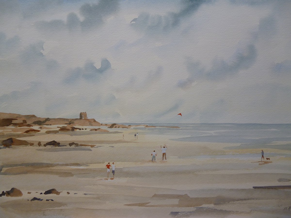 Expressive Landscape Watercolour By Maire Flanagan, 18 X 13", Windy Day At Portmarnock, Original Artwork