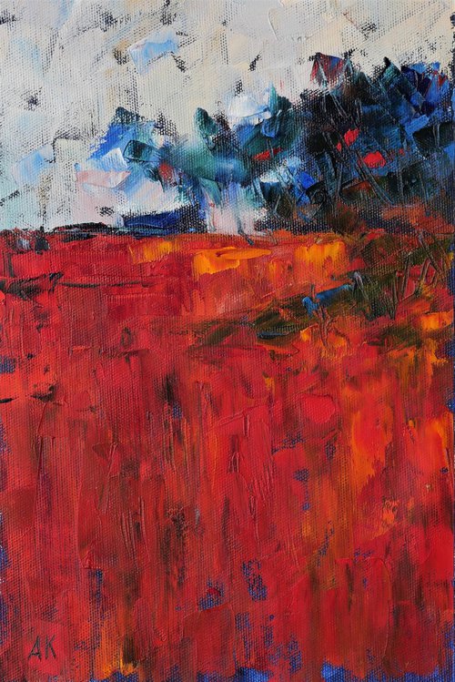 Red field - textured semi abstract colourfull landscape oil painting by Alfia Koral