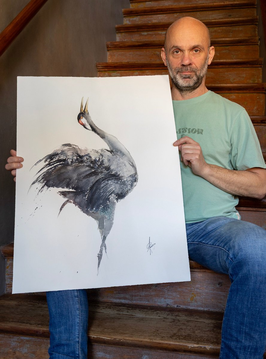 Animal Watercolour By Andrzej Rabiega, 22 X 30, Crane Ii, Original Artwork