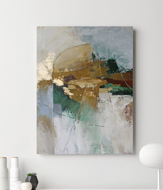 "Cliff 2" Green gray gold abstract art