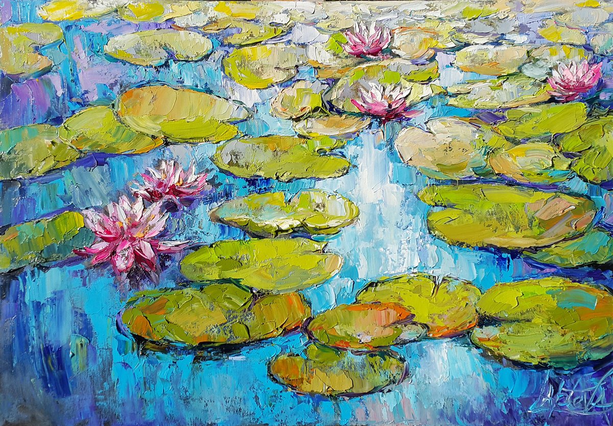 Impressionistic Landscape Oil Painting By Viktoria Lapteva, 31 X 22", Water Lilies Pond, Original Artwork