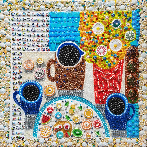 Abstract still life with flowers and coffee. Naive art impressionist decorative sculptural painting mosaic