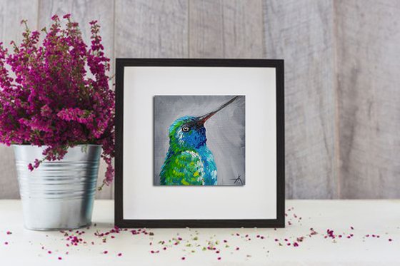 Bird - oil painting, animal, birds, gift idea, small size, postcard size, postcards, hummingbird