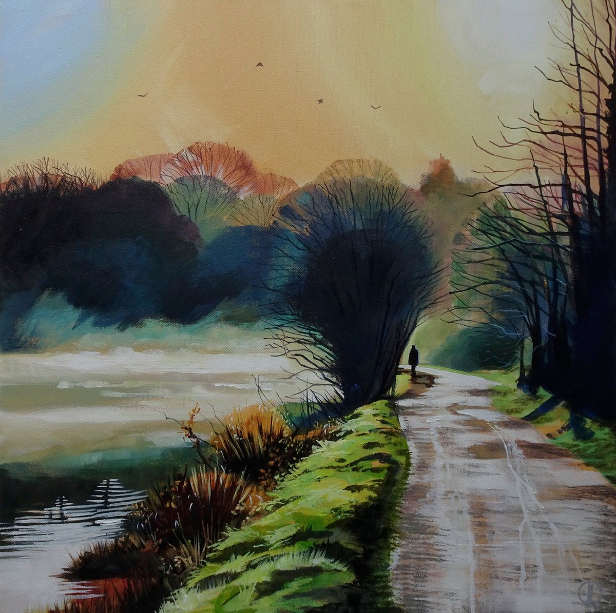 Impressionistic Landscape Acrylic Painting By Joseph Lynch, 20 X 20, Misty Morning Walk, Original Artwork