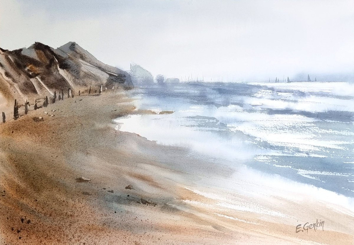 Seascape with beach and mountains by Elena Genkin