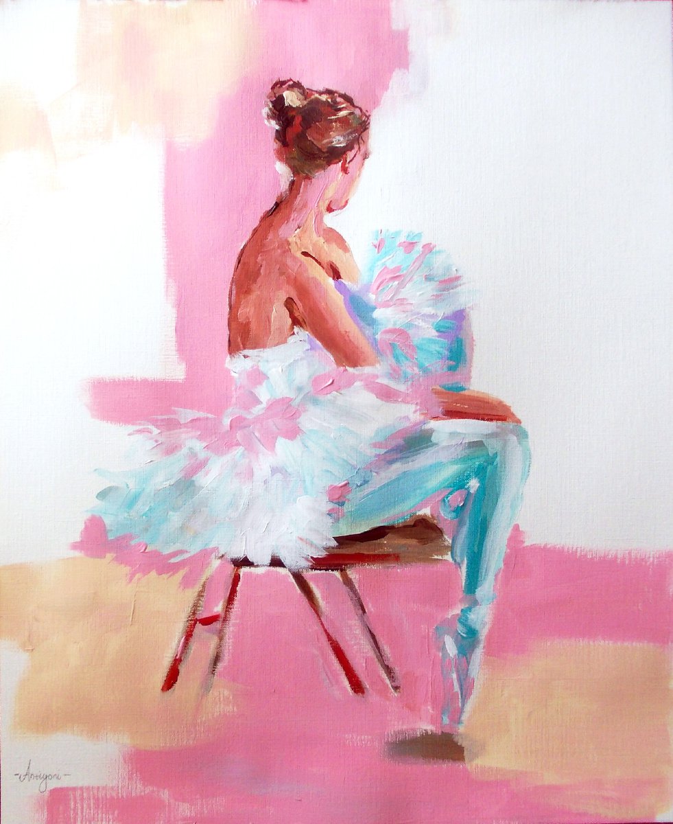Resting Moment - Ballerina Acrylic Painting on Paper by Antigoni Tziora
