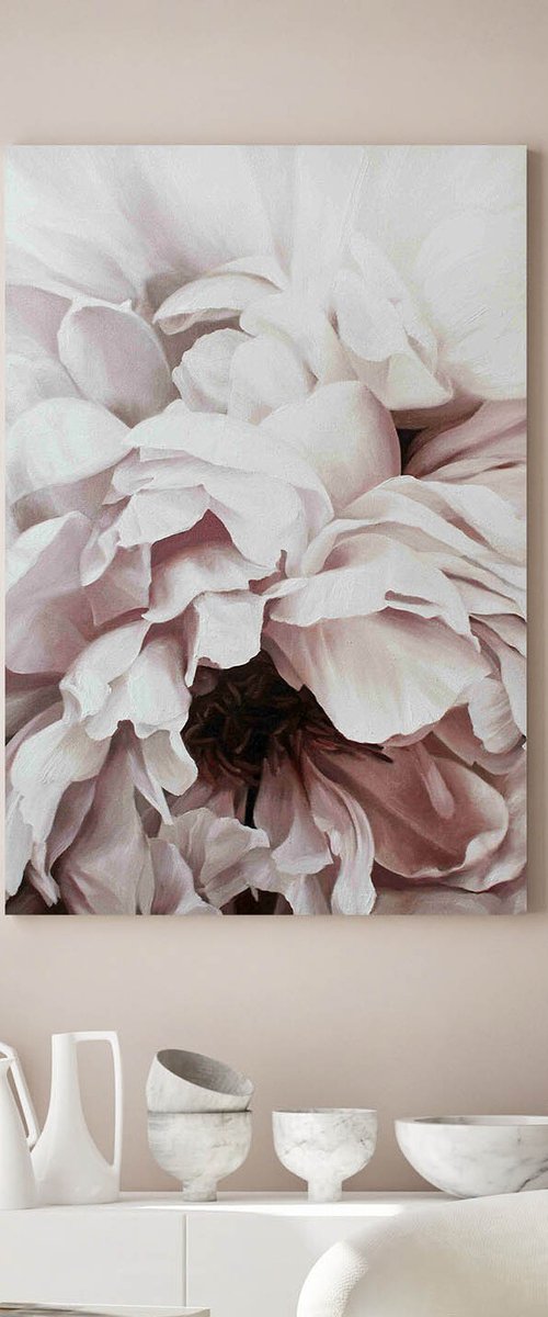 "Pink peonies" Pink white flower oil art by Olha