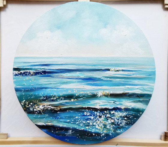 Sea painting on round canvas, Seascape oil painting