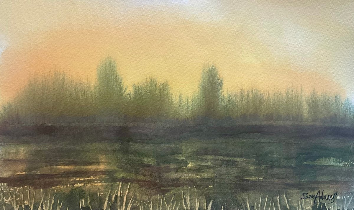 Expressive Watercolour , Arne Sunset, Dorset By Samantha Adams, 11 X 7, Artwork For Sale On Artfinder