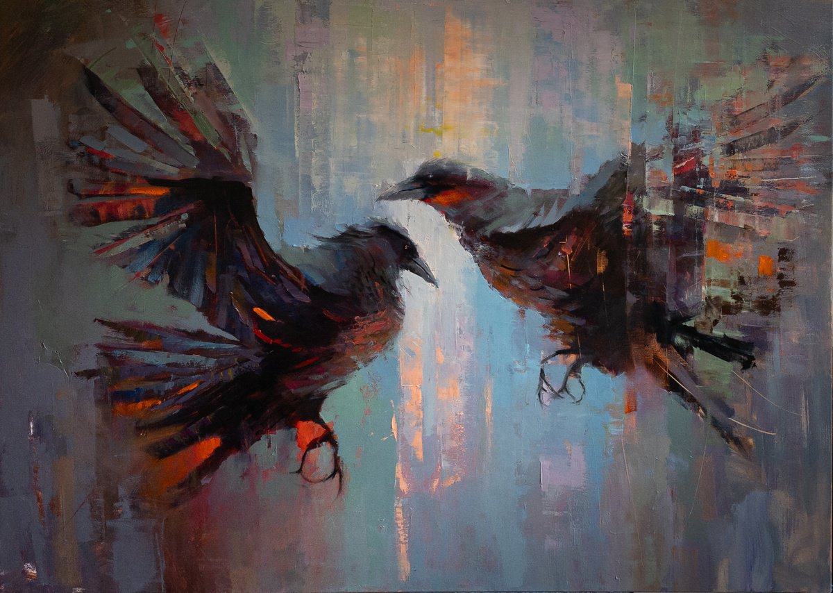 Impressionistic Animal Oil Painting By Aleksandr Jerochin, 47 X 35, The Twin Flames, Original Artwork