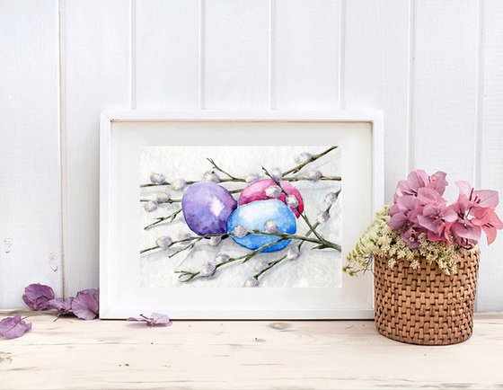 Easter. Spring still life with pussy willow branches and painted eggs. Original watercolor artwork.