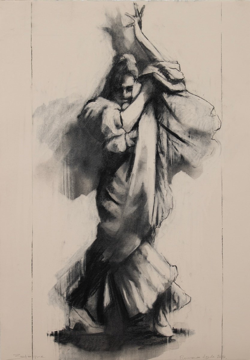 Expressive Portrait Charcoal Drawing By Zil Hoque, 25 X 36", Flamenca Azul (Study), Original Artwork