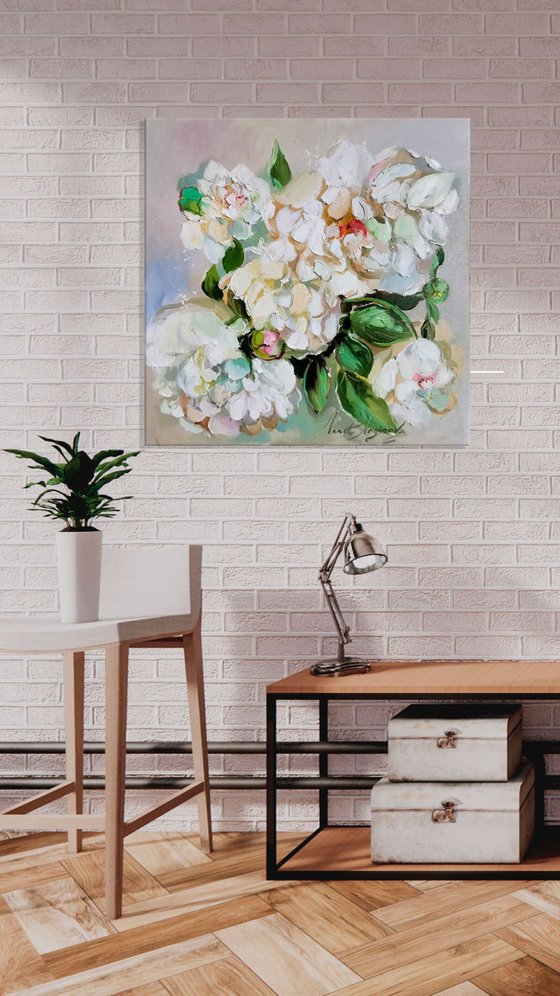 White peonies flowers painting on canvas, Textural white floral art