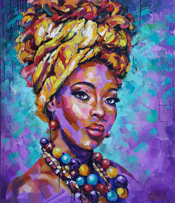 Portrait Multicolored Beads, painting african woman