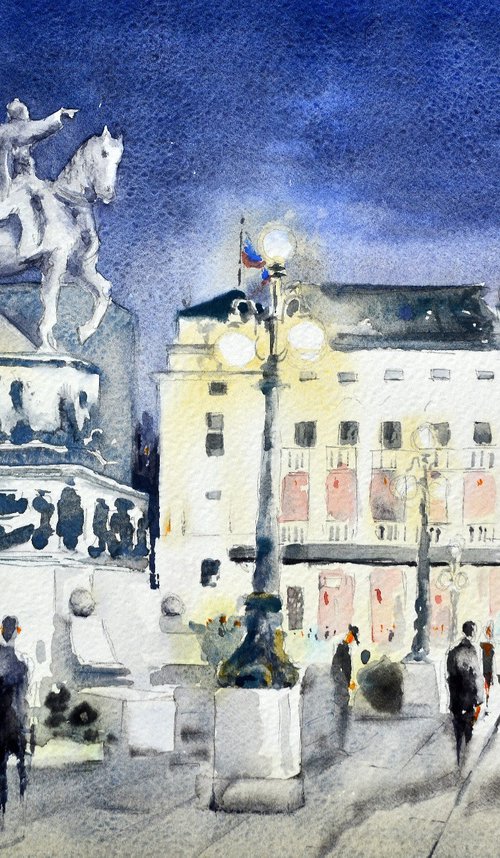 Trg republike nocu Beograd 25x36 cm 2022 by Nenad Kojić watercolorist