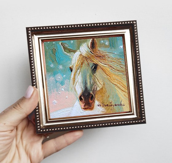 Small painting horse oil art original 4x4 framed artwork