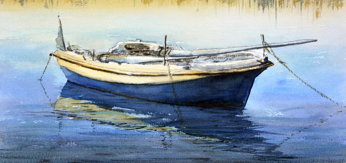 Boat Corfu Greece 17x36 cm 2020 by Nenad Koji? watercolorist