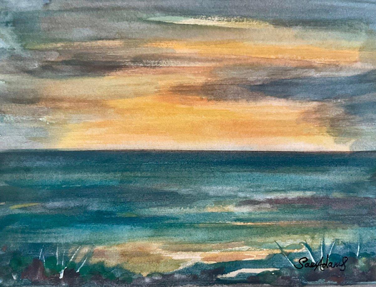 Impressionistic Landscape Watercolour By Samantha Adams, 8 X 7", Sennen Cove At Dusk, Original Artwork