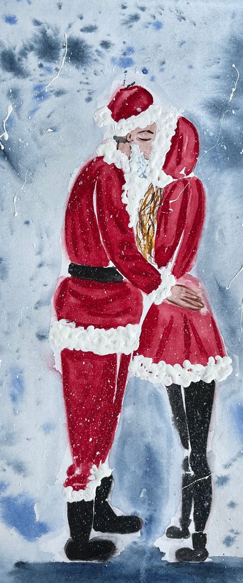 Santa Claus Painting Christmas Original Art Father Christmas Watercolor Love Story Artwork Girl Wall Art 8 by 12" by Halyna Kirichenko by Halyna Kirichenko
