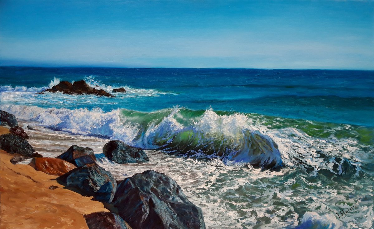 Photorealistic Landscape Oil Painting By Irena Heinz, 24 X 15, Foamy Waves Breaking On The Beach, Original Artwork