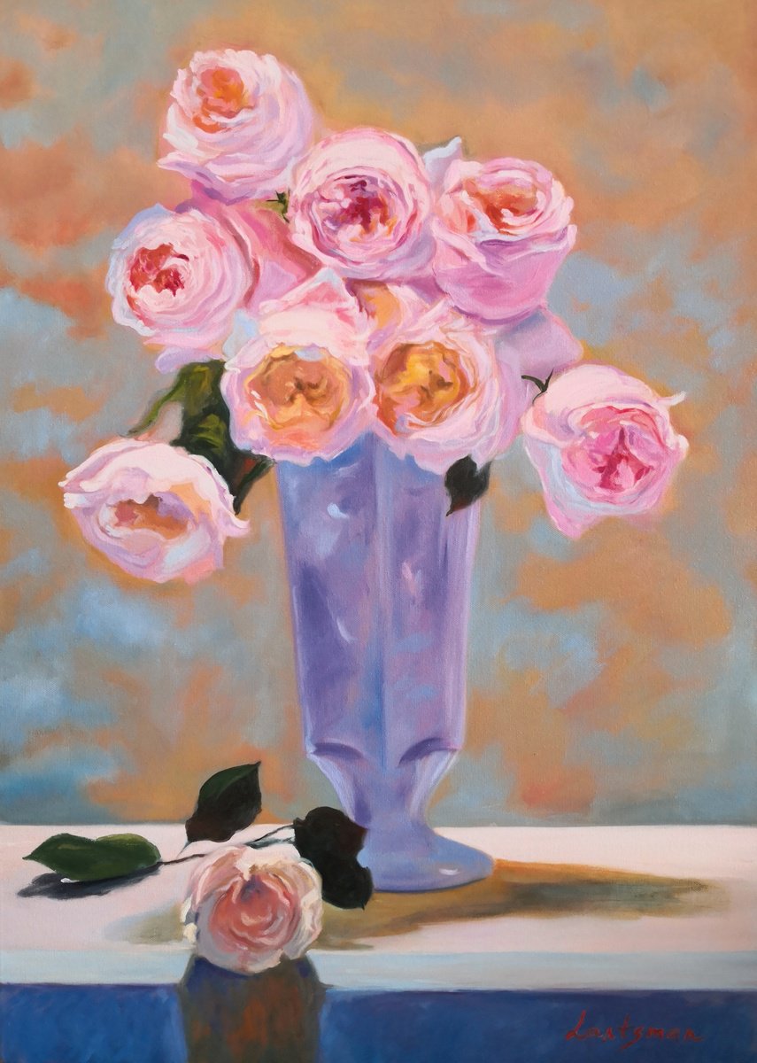 Pink roses in a vase still life by Jane Lantsman