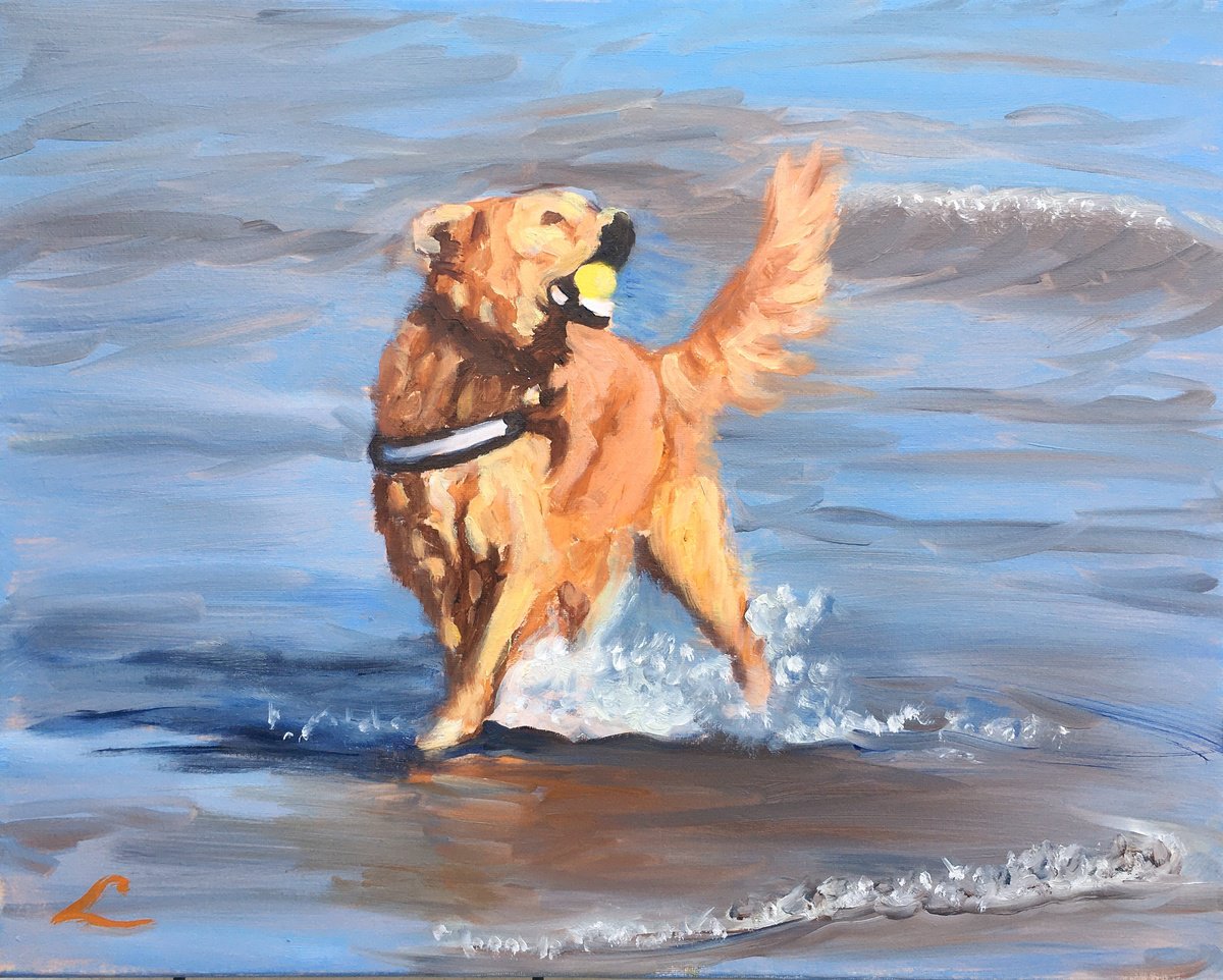 Impressionistic Animal Oil Painting By Elena Sokolova, 20 X 16, Dog With A Ball 3, Original Artwork