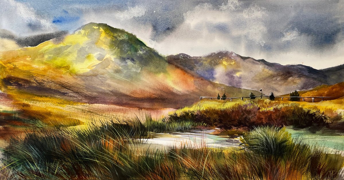 Impressionistic Landscape Watercolour By Maria Kireev, 28 X 15", Watercolors Hills Of Scotland, Original Artwork