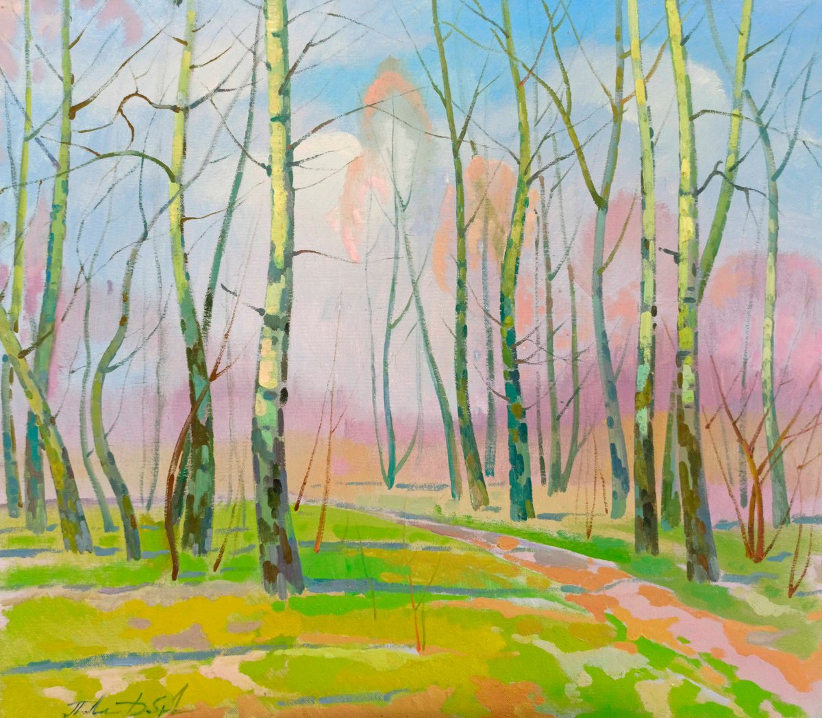 Impressionistic Landscape Oil Painting By Peter Tovpev, 31 X 28", Spring In The Forest, Original Artwork