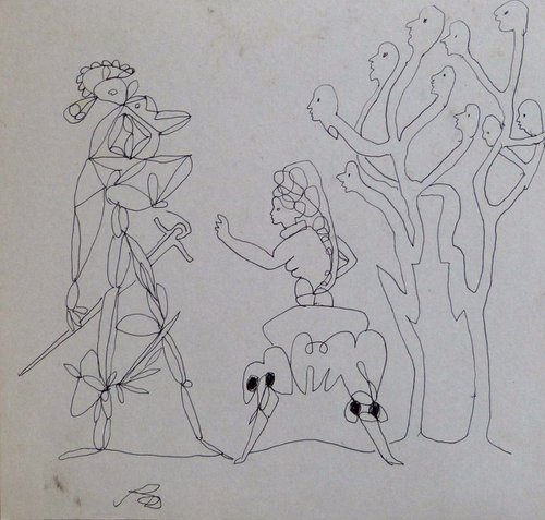 Alice in Wonderland 1, Surrealist drawing, 23x22 cm by Frederic Belaubre