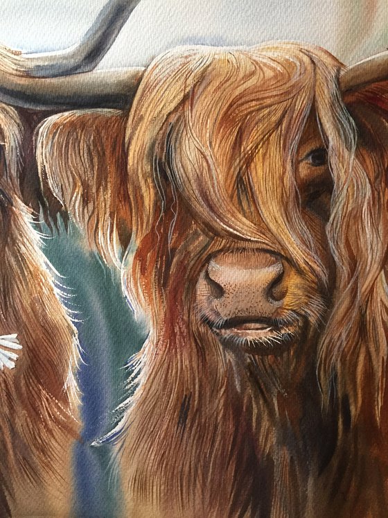 Loving bulls. Romantic painting