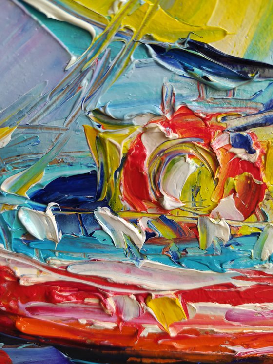 Expressive yachts - yacht, oil painting, yacht club, seascape, sea with yachts, yacht original painting, gift, impressionism, palette knife