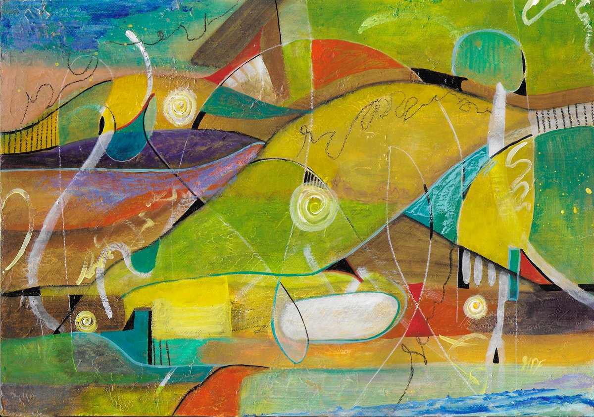Girl with Fish - Landscape Abstract Artwork by Maria Forrester